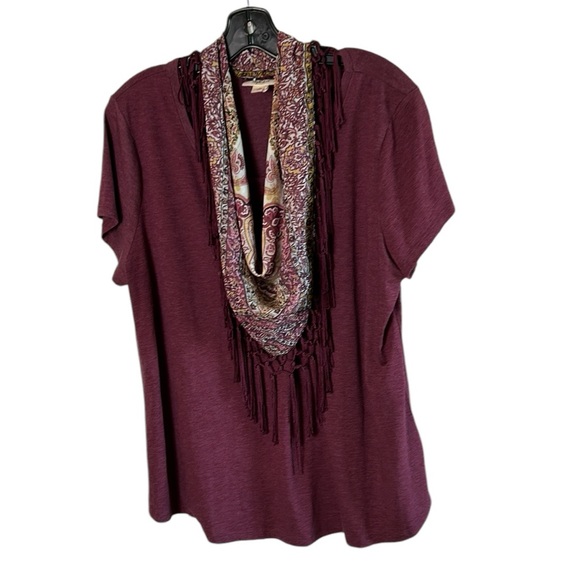 fringe scarf,attached to burgundy top, detachable,boho,macrame,western,office - Picture 4 of 14